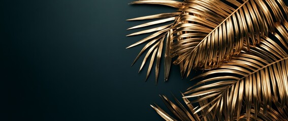 Naklejka premium Gold palm leaves on dark background. (3)