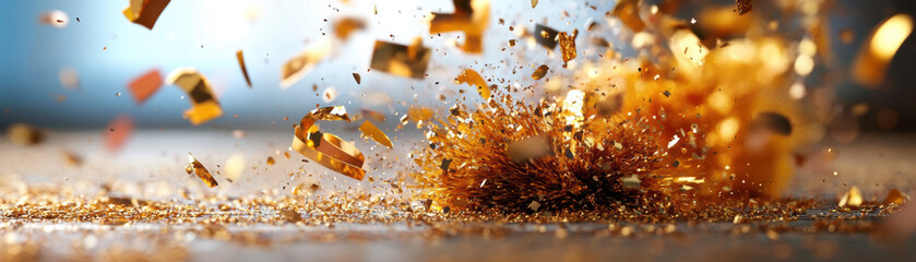 Dynamic explosion of golden sparks studio setting high-speed photography creative environment close-up viewpoint artistry concept
