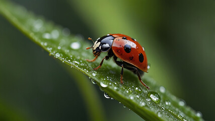Fototapeta premium Ladybug on a green leaf, with intricate veins and soft lighting emphasizing the freshness of the scene.
