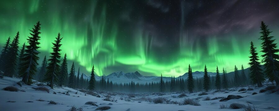 The bright green aurora casts an ethereal glow over the snowy forest landscape, green glow, serene atmosphere,