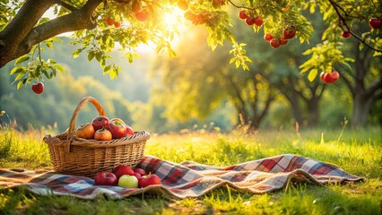 A wicker basket overflowing with ripe apples sits on a checkered blanket beneath a fruit-laden apple tree at sunset.