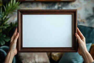 Hands holding a blank wooden picture frame