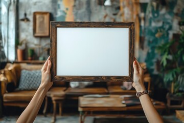 Hands Hold Blank Picture Frame Against Bokeh Background
