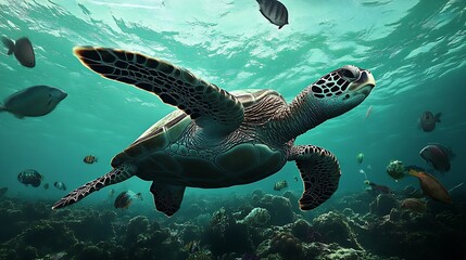 Obraz premium Majestic Sea Turtle Gliding Gracefully Through Vibrant Ocean Scene with Colorful Fish and Coral Reef : Generative AI