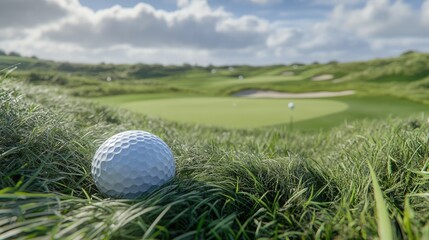 Fototapeta premium Close-Up View of a Golf Ball Nestled in Lush Grass on a Scenic Golf Course with Soft Rolling Hills Under a Bright Blue Sky and Fluffy White Clouds