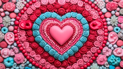 Colorful Heart-Shaped Arrangement of Various Decorative Sweet Treats and Confections for Celebrations, Anniversaries, or Weddings in Bright Pink and Blue Tones