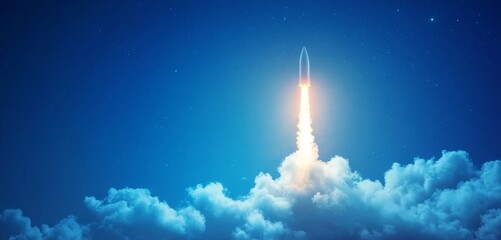 Rocket launching through night sky above clouds.
