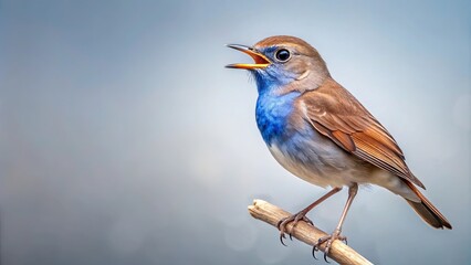 Obraz premium A vibrant small bird with a striking blue throat sings melodically while perched on a slender branch against a soft, muted background.