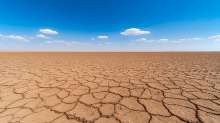 Expansive Arid Desert Landscape Under Bright Blue Sky with White Clouds Showcasing Cracked Dry Ground and Vastness of Nature's Beauty