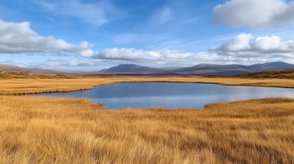 Tranquil Landscape Featuring Golden Grasslands and Serene Blue Lake Under a Clear Sky with Soft White Clouds and Majestic Mountains in the Background