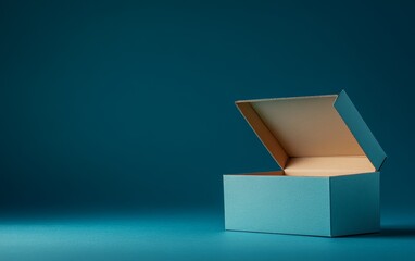 Open teal cardboard box on blue background.