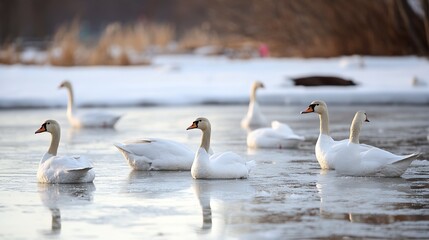Group of Swans on Frozen Lake in Winter Reflecting Natural Serenity and Grace : Generative AI