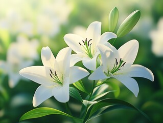 Obraz premium Delicate White Lily Flowers with Lush Greenery in Soft Sunlight : Generative AI