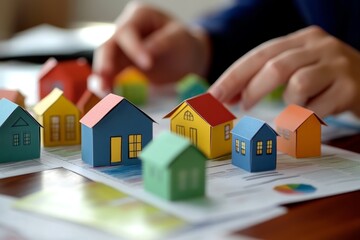 Hands arranging colorful paper houses on financial documents.