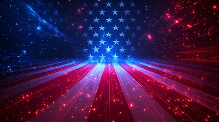 Glowing American flag background with red and blue stripes and stars.