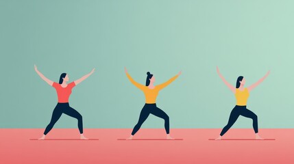 Fototapeta premium Vibrant Illustration of Three Women Practicing Different Yoga Poses on a Colorful Background Representing Health, Wellness, and Fitness in a Modern Style