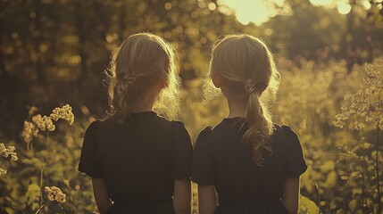 Twin Girls in Sunset Meadow: A Moment of Serenity
