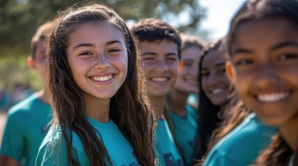 Smiling girl with friends in teal shirts. Ideal for themes of friendship, youth, and summer camp.