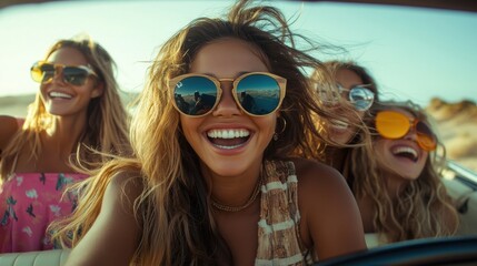 Happy women in a convertible, wearing sunglasses. Perfect for travel, summer, and friendship themes.