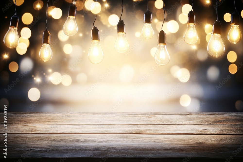 Poster glowing string lights above rustic wooden table.