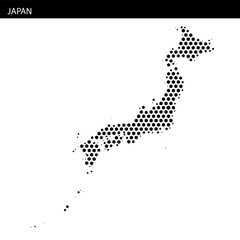 Map of Japan outlined with hexagonal dotted pattern showcasing its geographic silhouette and shape