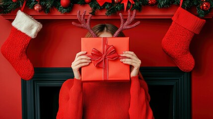 Woman Hiding Face Behind Christmas Present in Red Festive Setting