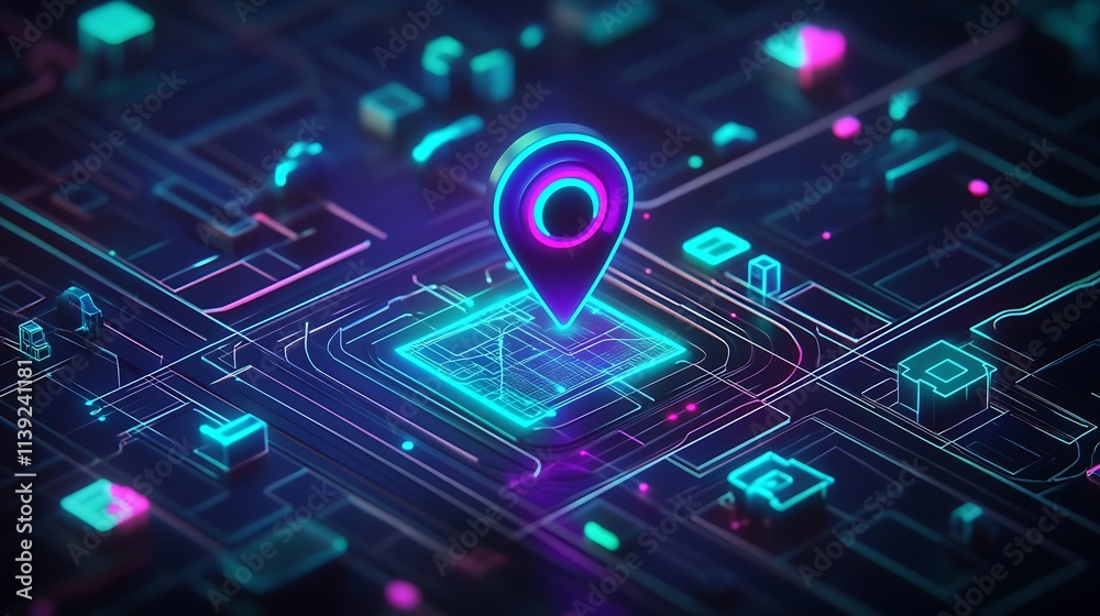 Fototapete neon infographic with geolocation marker on interactive digital city grid : generative ai