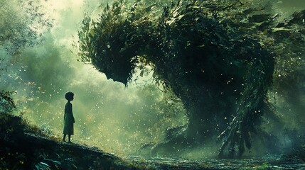 Obraz premium Enchanted Forest: A Girl and a Mythical Tree Being