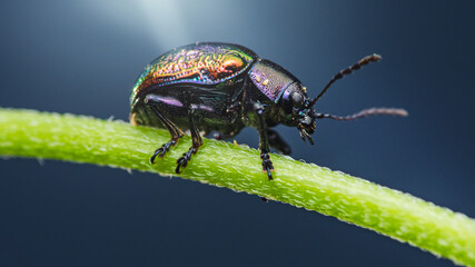 Iridescent dogbane beetle walking on green stem