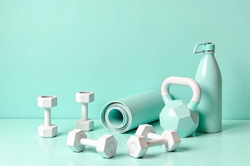 Modern Fitness Gear Set: Dumbbells, Kettlebells, Yoga Accessories, and Water Bottle for Home and Gym