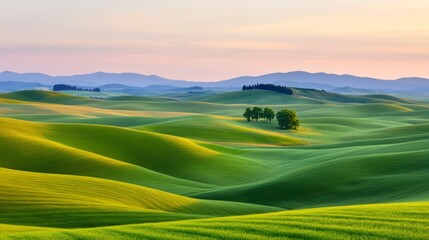 Obraz premium Serene Green Rolling Hills Under a Soft Pastel Sky at Dusk, Showcasing Nature's Tranquility in a Captivating Rural Landscape