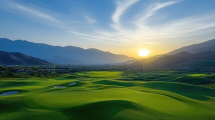 Fototapeta premium Breathtaking Sunrise Over Rolling Green Golf Course Surrounded by Mountains and Blue Skies in Serene Landscape Setting of Natural Beauty