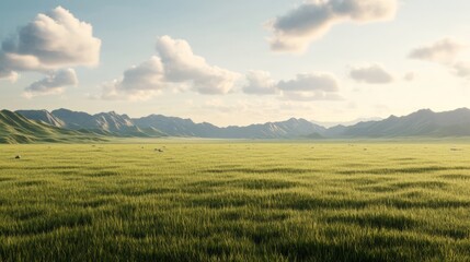 Obraz premium Vast Green Landscape under a Clear Sky with Gentle Clouds and Majestic Mountains in the Background during Golden Hour