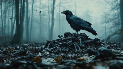 Fototapeta premium Raven perched atop a pile of skulls in a misty forest. Perfect for gothic, fantasy, or mystery themes; evokes feelings of death and foreboding.