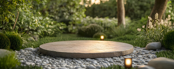 serene garden scene featuring circular stone platform surrounded by lush greenery, pebbles, and soft lighting, creating tranquil atmosphere