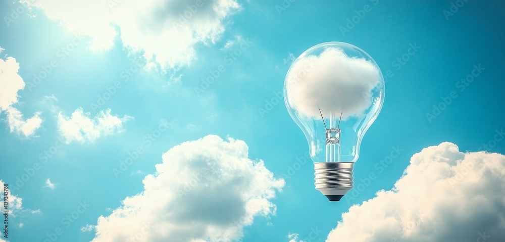 Poster lightbulb with cloud inside, floating in blue sky.