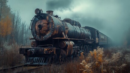 Obraz premium A vintage steam locomotive train on tracks through a misty forest.