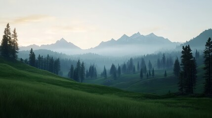 Obraz premium Serene Mountain Landscape at Dawn with Misty Hills and Lush Green meadows Offering a Breathtaking View of Nature's Tranquility and Beauty in the Early Morning Light