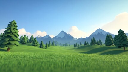 Obraz premium Tranquil Scenic View of Lush Green Meadows and Majestic Mountains Under Clear Blue Sky in a Vibrant Nature Landscape Illustration