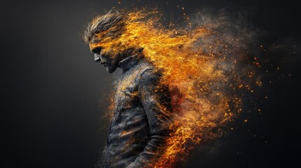 Obraz premium A figure dissolving into flames, symbolizing transformation and intensity.