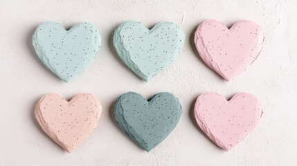 Obraz premium Colorful Clay Hearts in Soft Pastel Shades Arranged Artistically on a Light Background Ideal for Craft and DIY Projects or as Decorative Elements