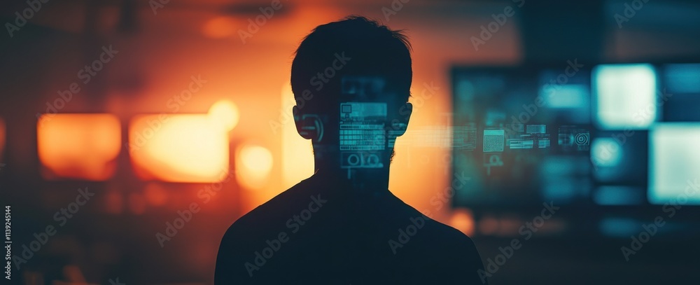 Poster Silhouette of man with virtual interface, monitors in background.