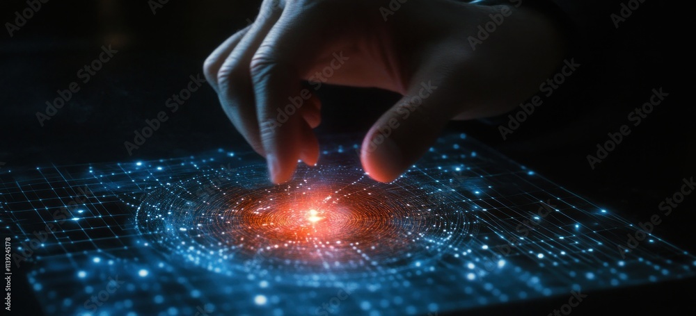 Poster hand touches glowing circuit with swirling red center on black background.