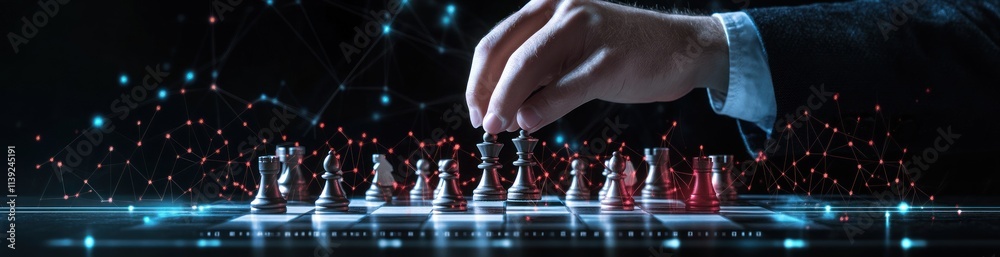 Poster chess game on digital board with networks and human hand placing a piece.
