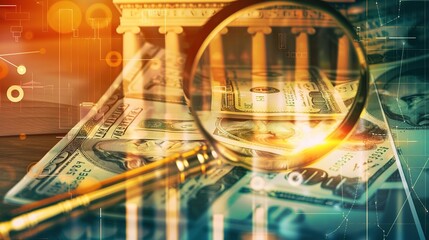 Close-up of magnifying glass examining stack of financial documents, symbolizing bank supervision and regulatory oversight, professional financial audit concept.