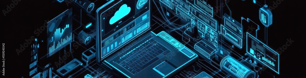 Poster Isometric tech setup with cloud icon, and data displays.