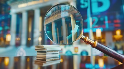 Close-up of magnifying glass examining stack of financial documents, symbolizing bank supervision and regulatory oversight, professional financial audit concept.