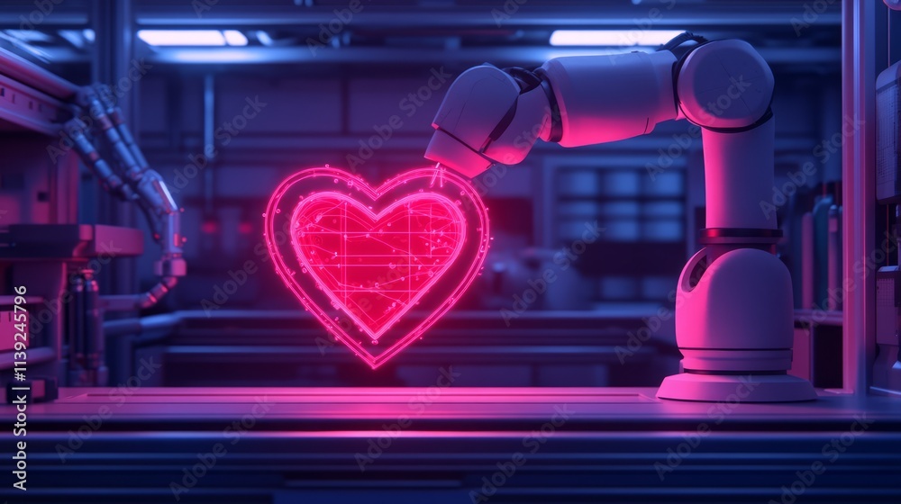 Poster robotic arm creating glowing heart shape in advanced laboratory with neon lighting and high-tech mac