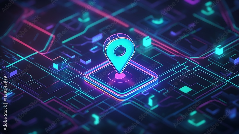 Fototapete 3D Neon Navigation Symbol on Abstract Digital Cityscape with High-Tech Mapping : Generative AI