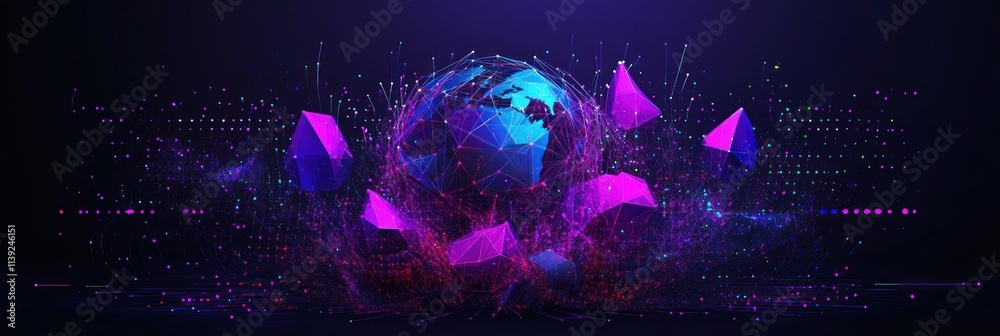 Poster geometric digital world with polygonal shapes and dots in dark background.